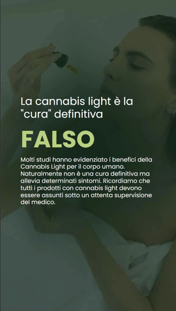 Infografica che risponde alla domanda: la cannabis light è la cura definitiva? Spiega che non è la cura a tutto, ma allevia molti sintomi. Aggiunge che la cannabis light va presa sotto supervisione del medico.