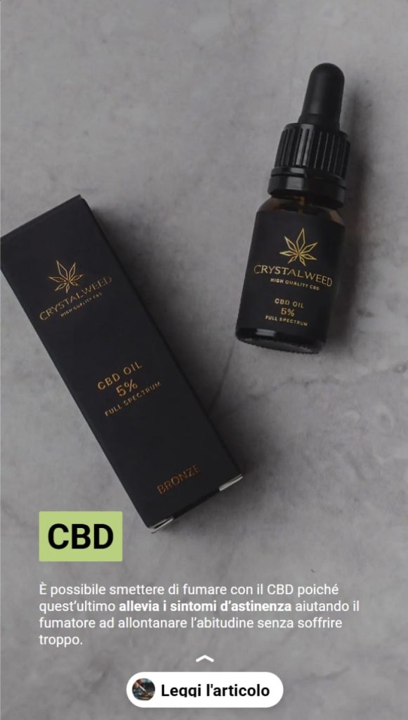 Migliori rimedi naturali per smettere di fumare 1 Foto dell'olio CBD di crystalweed. Il testo spiega che il CBD riduce i sintomi d'astinenza da fumo.