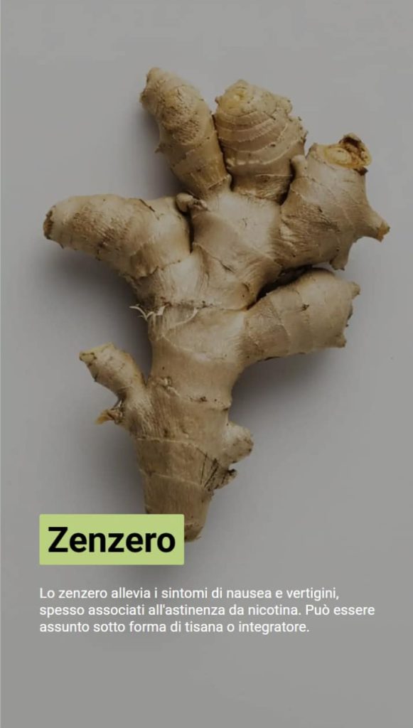 Migliori rimedi naturali per smettere di fumare 3 Foto di una pianta di zenzero. Il testo spiega che lo zenzero riduce i sintomi di astinenza da nicotina, come nausea e vertigini.