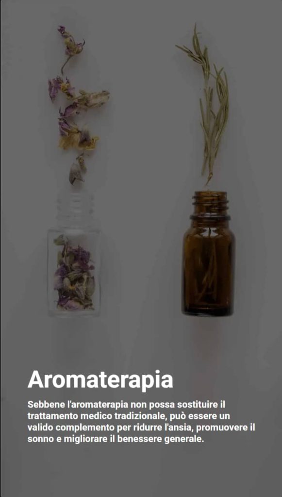 Rimedi naturali contro lepilessia 6 Due boccette con fiori secchi e rametto che esce dalla bottiglia, accompagnate da testo sui benefici rilassanti dell’aromaterapia per l’epilessia.