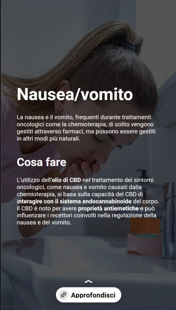 Tecniche per gestire gli effetti collaterali della chemioterapia 5 Sullo sfondo una donna che si tocca le labbra in segno di nausea. Il testo dice cosa fare in caso di nausea e vomito: usare l'olio di CBD come rimedio naturale per alleviare i sintomi, in quanto ha proprietà antiemetiche.
